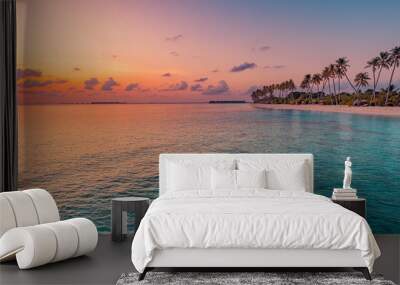 Beautiful panoramic sunset sea sky tropical paradise beach. Tranquil summer vacation travel landscape. Peaceful seaside palm calm panorama. Exotic nature view inspire seascape. Best Maldives wallpaper Wall mural