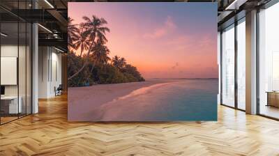 Beautiful panoramic sunset tropical paradise beach. Tranquil summer vacation or holiday landscape. Tropical sunset beach seaside palm calm sea panorama exotic nature view inspirational seascape scenic Wall mural