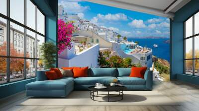 beautiful panoramic view on the mediterranean blue sea, caldera and volcano. traditional white archi Wall mural