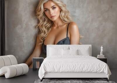 Beautiful stylish blonde woman wearing lace nightwear. Fashionable and self confident girl fit body with long curly hair. Gorgeous sexy eyes, elegant style and fashion. Sensual portrait. AI generated Wall mural