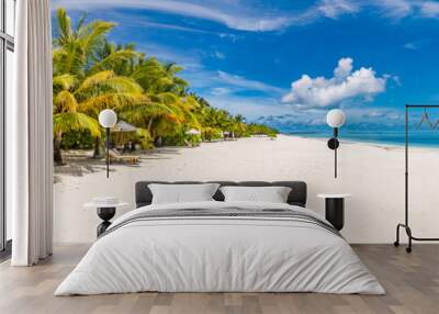 Beautiful tropical beach banner. White sand and coco palms travel tourism wide panorama background concept. Amazing beach landscape. Boost up color process. Luxury island resort vacation or holiday Wall mural