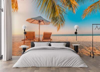 Beautiful tropical beach banner. White sand and coco palms travel tourism wide panorama background concept. Amazing beach landscape Wall mural