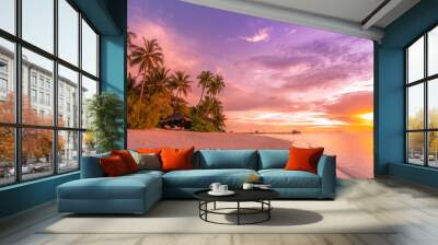 Beautiful tropical beach banner. White sand and coco palms travel tourism wide panorama concept. Amazing sunrise beach landscape, sky sunset clouds, relax nature tranquility, inspirational shore coast Wall mural