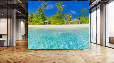 Beautiful tropical island with palm trees and beach panorama. Summer beach shore, coast amazing wide angle view. Paradise seaside, ocean lagoon under blue sky. Idyllic, relax vacation holiday scenic Wall mural