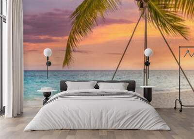 Beautiful tropical Maldives beach under cloudy sunset sky. romantic swing hanging on coconut palm. Luxury vacation travel. Inspiration honeymoon mood, calm couple beach background. Amazing landscape Wall mural