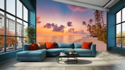 Best island beach. Silhouette palm trees panoramic destination landscape. Inspire sea sand popular vacation tropical beach seascape horizon. Orange gold sunset sky. Calm tranquil relax summer travel Wall mural