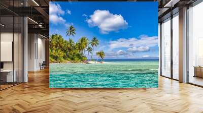 Best summer beach landscape. Tranquil tropical island, paradise coast, sea lagoon, horizon, palm trees and sunny sky over sand waves. Amazing vacation landscape background. Beautiful holiday beach Wall mural