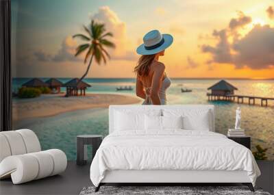 Carefree slim woman in summer dress and hat walks on tropical paradise beach with turquoise sea and sunshine. Perfect vacation design, attractive girl enjoying daydreaming, inspire. AI generated Wall mural