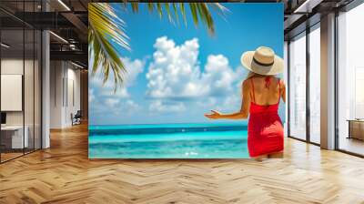 Carefree stylish woman enjoying summer vacation. Tropical beach paradise, island coast shore sunny blue sky, happy mood, tranquil peaceful serene nature. Attractive woman in hat and dress. AI generate Wall mural