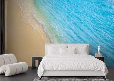 Closeup of waves sand beach and blue summer sea. Panoramic beach landscape. Mediterranean tropical shore seascape. Blue sky, soft sand, calm, tranquil relax sunlight, summertime mood. Travel vacation Wall mural