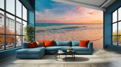 Closeup sea sand beach. Beautiful beach landscape. Inspire tropical beach seascape horizon. Dreamy sunset sky calm tranquil relax sunset summer mood. Positive energy, meditation summer tropical island Wall mural