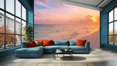 Closeup sea sand beach. Beautiful beach landscape. Inspire tropical beach seascape horizon. Dreamy sunset sky calm tranquil relax sunset summer mood. Positive energy, meditation summer tropical island Wall mural