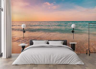 Closeup sea sand beach. Panoramic beach landscape. Inspire tropical beach seascape horizon. Orange and golden sunset sky calmness tranquil relaxing sunlight summer mood. Vacation travel holiday banner Wall mural