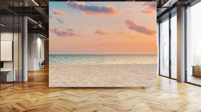 Closeup sea sand beach. Panoramic beach landscape. Inspire tropical beach seascape horizon. Orange and golden sunset sky calmness tranquil relaxing sunlight summer mood. Vacation travel holiday banner Wall mural