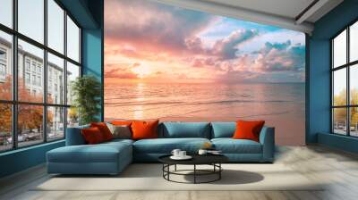 Closeup sea sand beach. Panoramic beach landscape. Inspire tropical beach seascape horizon. Orange and golden sunset sky calmness tranquil relaxing sunlight summer mood. Vacation travel holiday banner Wall mural