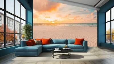 Closeup sea sand beach. Panoramic beach landscape. Inspire tropical beach seascape horizon. Orange and golden sunset sky calmness tranquil relaxing sunlight summer mood. Vacation travel holiday banner Wall mural