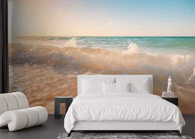 Closeup waves and sea sand, paradise beach landscape. Inspire tropical beach seascape horizon. Orange and golden sunset sky, blurred calmness tranquil relaxing sunlight summer. Vacation travel holiday Wall mural