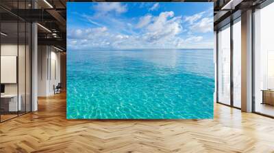 Crystal clear sea water bay. Pristine ocean lagoon sunny cloudy sky, idyllic relaxing seascape. Transparent surface, exotic travel. tropics Mediterranean nature panorama. Summer background, beach view Wall mural