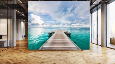 Dramatic black and white process for loneliness or inspiration. Perspective view at sea from center of wooden pier dramatic sky at daylight. Wall mural