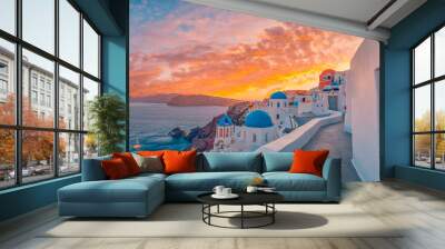 Europe summer destination. Traveling tourism, sunset scenic famous landscape of Santorini island, Oia, Greece. Caldera view, colorful clouds, dream cityscape. Vacation destination, honeymoon romance Wall mural