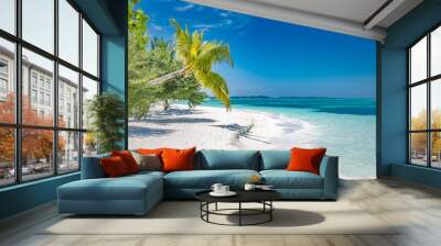 Exotic beach landscape. Paradise beach view, palms and blue sea. Bright nature scenery, white sand, blue sky Wall mural