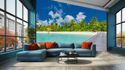 Fantastic summer beach landscape. Beautiful tropical Maldives resort hotel and island with beach and sea - boost up color processing style Wall mural