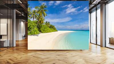 Fantastic sunny panorama at Maldives. Luxury resort seascape. Majestic sea waves coconut palm trees sand sunshine sky. Beauty paradise beach popular destination. Best summer vacation travel background Wall mural