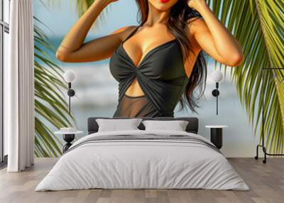 Gorgeous Asian girl on tropical beach, sensual sexy fashion portrait with palm leaves and sunny sea sky background. Sexy beautiful young asian woman relax smile leisure dress sea beach ocean. AI Wall mural