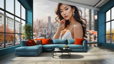 Happy beautiful Asian woman on vacation wearing summer dress. Gorgeous closeup portrait, traveler on blurred cityscape adventure journey. Summertime tourism. Elegant girl portrait. Best AI generated Wall mural