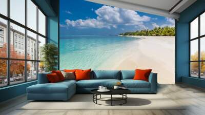 Idyllic tropical beach as panoramic landscape for background or wallpaper. Design of tourism for summer vacation holiday destination concept. Wall mural