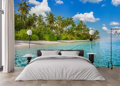 Island panorama, tropical resort in Maldives or French Polynesia, Tahiti. Horizon of panoramic beach, palm trees, white sand, ocean lagoon landscape of paradise beach. Luxury traveling vacation banner Wall mural