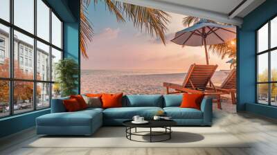 Luxury panoramic tropical sunset beach banner. Two sun beds loungers, umbrella under palm tree. White sand, sea horizon wide view, colorful sky calmness and relax vacation. Travel inspire resort hotel Wall mural