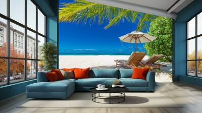 Luxury vacation, summer vibes. Tranquil beach scene. Exotic tropical beach landscape for background or wallpaper. Design of summer vacation holiday concept. Exotic travel destination Wall mural