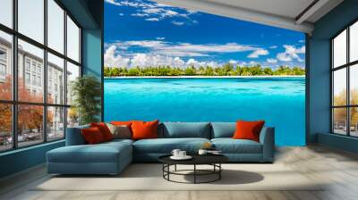 Maldives beach with luxurious water villas and loungers beautiful tropical scene. Luxury summer travel destination background concept. Beach mood for summer vacation or holiday design Wall mural