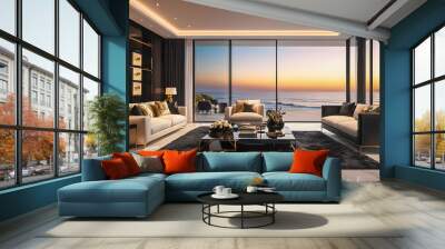 Modern loft living room area wide views of bay city. Beautiful minimalist white interior, luxury furniture, big windows, elegant decorations penthouse modern new home. Sunset sea view. AI generated Wall mural