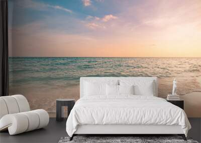 Orange golden sunset sunrise sky calm tranquil relaxing sunlight summer. Closeup sea sand beach. Panoramic beach landscape. Inspire tropical seascape waves horizon. Peaceful nature Mediterranean view  Wall mural