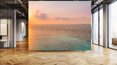 Panoramic aerial sea skyline beach. Amazing sunrise beach landscape. Aerial panorama of tropical beach seascape horizon. Abstract birds eye view colorful sunset sky light tranquil relax summer freedom Wall mural