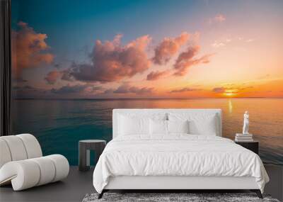 Panoramic sea skyline beach. Amazing sunrise beach landscape. Panorama of tropical beach seascape horizon. Abstract colorful sunset sky light tranquil relax summer seascape freedom wide angle seascape Wall mural