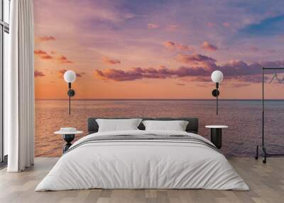 Panoramic sea skyline beach. Amazing sunrise beach landscape. Panorama of tropical beach seascape horizon. Abstract colorful sunset sky light tranquil relax summer seascape freedom wide angle seascape Wall mural