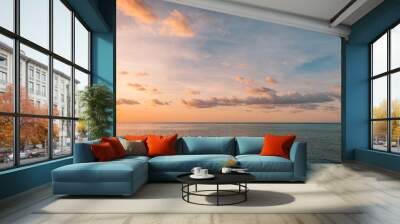 Panoramic sea skyline beach. Amazing sunrise beach landscape. Panorama of tropical beach seascape horizon. Abstract colorful sunset sky light tranquil relax summer seascape freedom wide angle seascape Wall mural