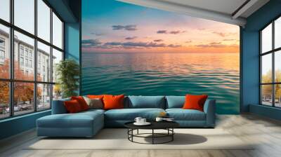 Panoramic sea skyline beach. Amazing sunrise beach landscape. Panorama of tropical beach seascape horizon. Abstract colorful sunset sky light tranquil relax summer seascape freedom wide angle seascape Wall mural