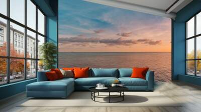 Panoramic sea skyline beach. Amazing sunrise beach landscape. Panorama of tropical beach seascape horizon. Abstract colorful sunset sky light tranquil relax summer seascape freedom wide angle seascape Wall mural