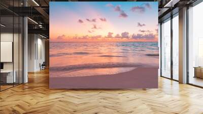 Peaceful closeup sea sand sky beach. Beautiful tranquil nature landscape. Inspire calm tropical beach seascape wave horizon. Colorful panoramic sunset relaxing summer pattern. Vacation travel tourism Wall mural