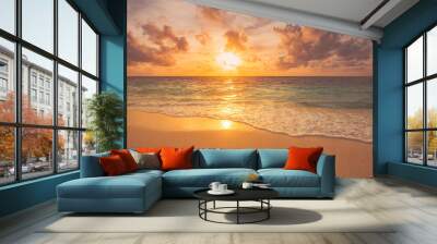 Peaceful closeup sea sand sky beach. Beautiful tranquil nature landscape. Inspire calm tropical beach seascape wave horizon. Colorful panoramic sunset relaxing summer pattern. Vacation travel tourism Wall mural