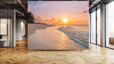 Peaceful nature scenic. Relax paradise, amazing closeup view of calm ocean bay waves with orange sunrise sunset sunlight. Tropical island vacation, holiday beach landscape exotic sea shore coast Wall mural