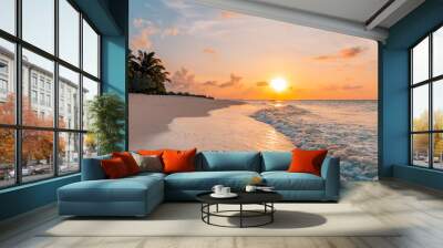 Peaceful nature scenic. Relax paradise, amazing closeup view of calm ocean bay waves with orange sunrise sunset sunlight. Tropical island vacation, holiday beach landscape exotic sea shore coast Wall mural