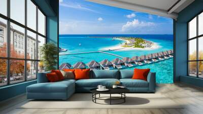 Perfect aerial landscape, luxury tropical resort or hotel with water villas and beautiful beach scenery. Amazing bird eyes view in Maldives, landscape seascape aerial view over a Maldives Wall mural