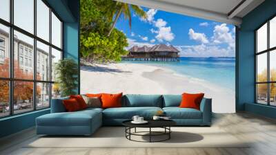 Perfect beach view. Summer holiday and vacation design. Inspirational tropical beach, palm trees and white sand. Tranquil scenery, relaxing beach, tropical landscape design. Moody landscape Wall mural