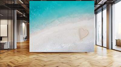 Perfect drawing of heart shape in soft sand beautiful seascape background. Romantic Valentine's day or love beach scene, top aerial view. Romance, honeymoon in vacation, summer travel. Idyllic nature Wall mural