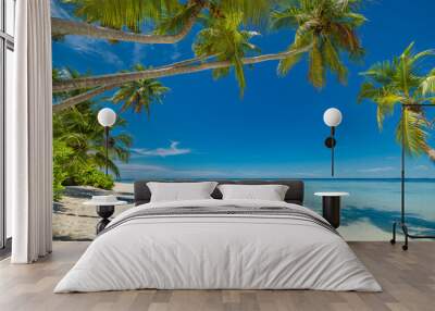 Perfect island beach coast. Tropical travel landscape of summer paradise. White sand palm trees sunny blue sea sky. Luxury vacation destination. Exotic amazing tourism relax. Freedom Maldives nature Wall mural